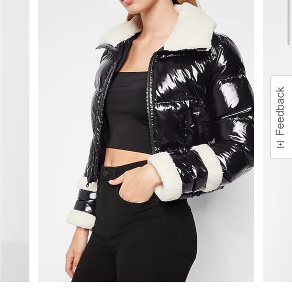 Express Small Black and White Shearling Trim Puffer Jacket - Picture 6 of 9